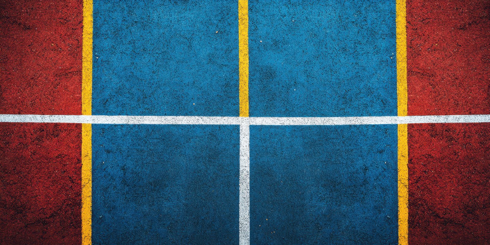 Colorful court lines create a vibrant pattern on a sports surface during daylight hours